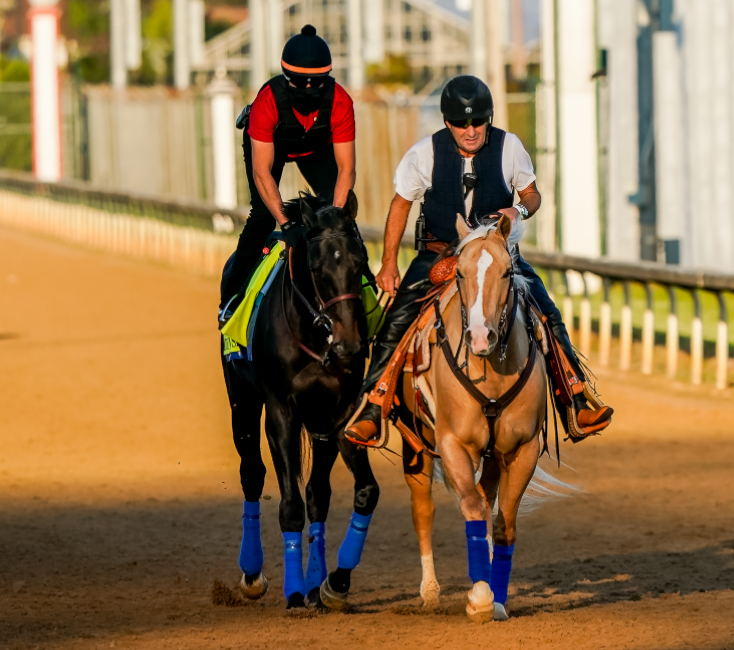 Jimmy Barnes on Amarillo ponying Medina Spirit at Churchill Downs. (Eclipse Sportswire)